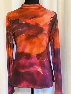 Womens Long Sleeve Abstract Sunset Print Top - Orange & Pink L